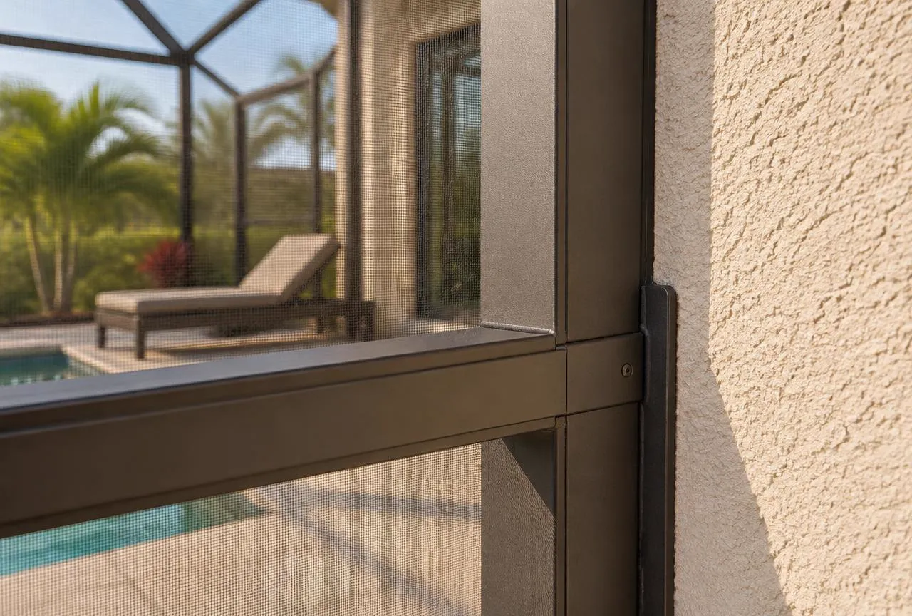 Illustrative close-up of bronze aluminum screen enclosure framing meeting a stucco wall