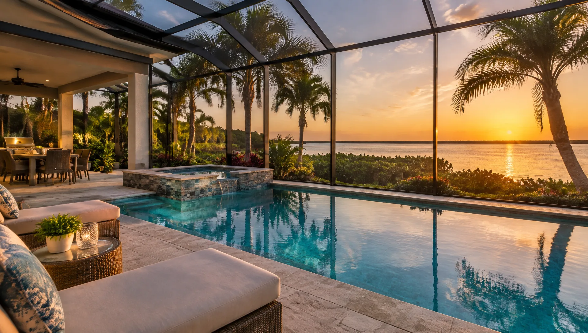 Illustrative screened pool enclosure overlooking Gulf Coast water and palm trees at sunset