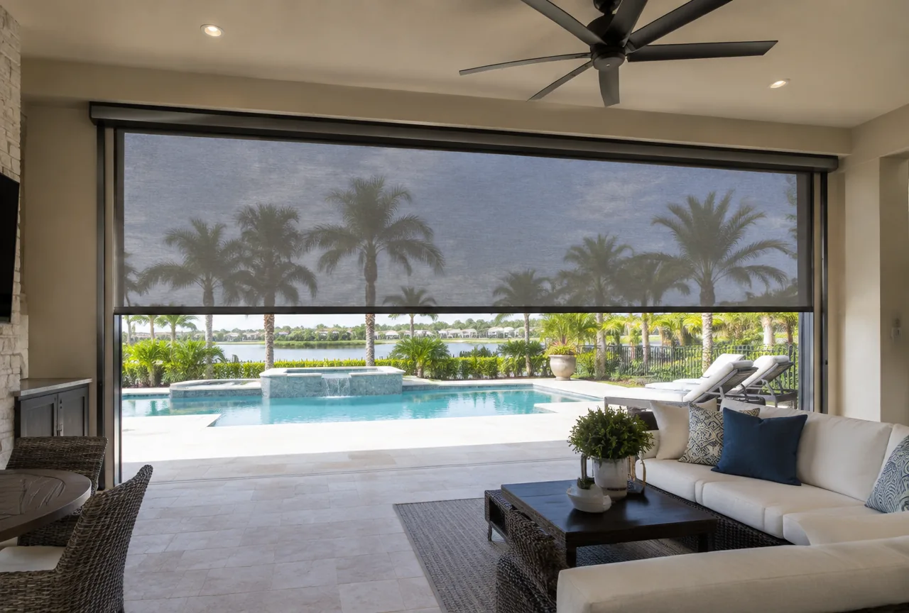 Illustrative covered lanai with a large motorized retractable screen partially lowered over an outdoor living area