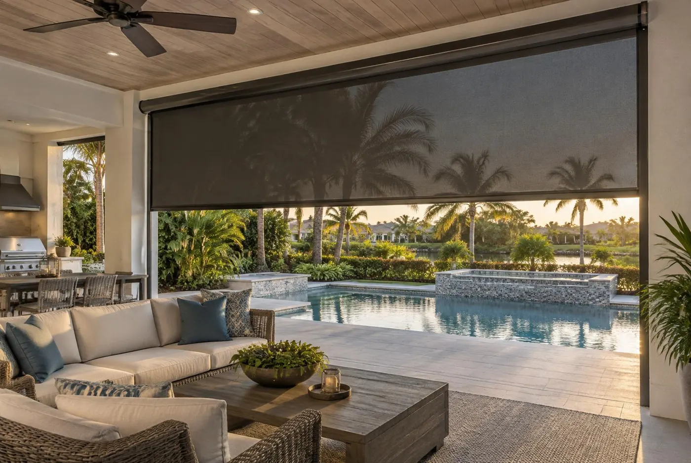Illustrative covered lanai with a large motorized roll-down screen partially lowered above a pool