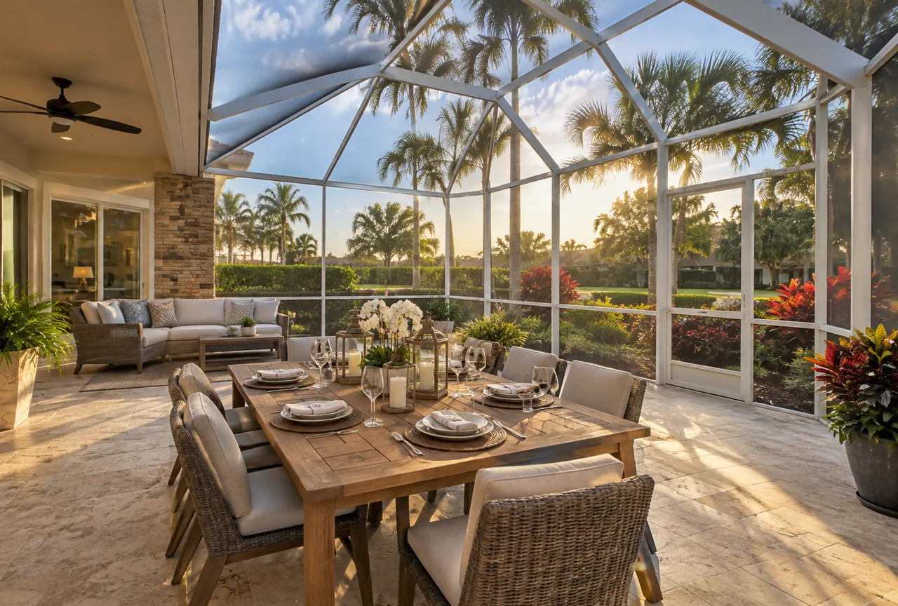 Illustrative enclosed patio with screened walls, paver floor and outdoor dining table