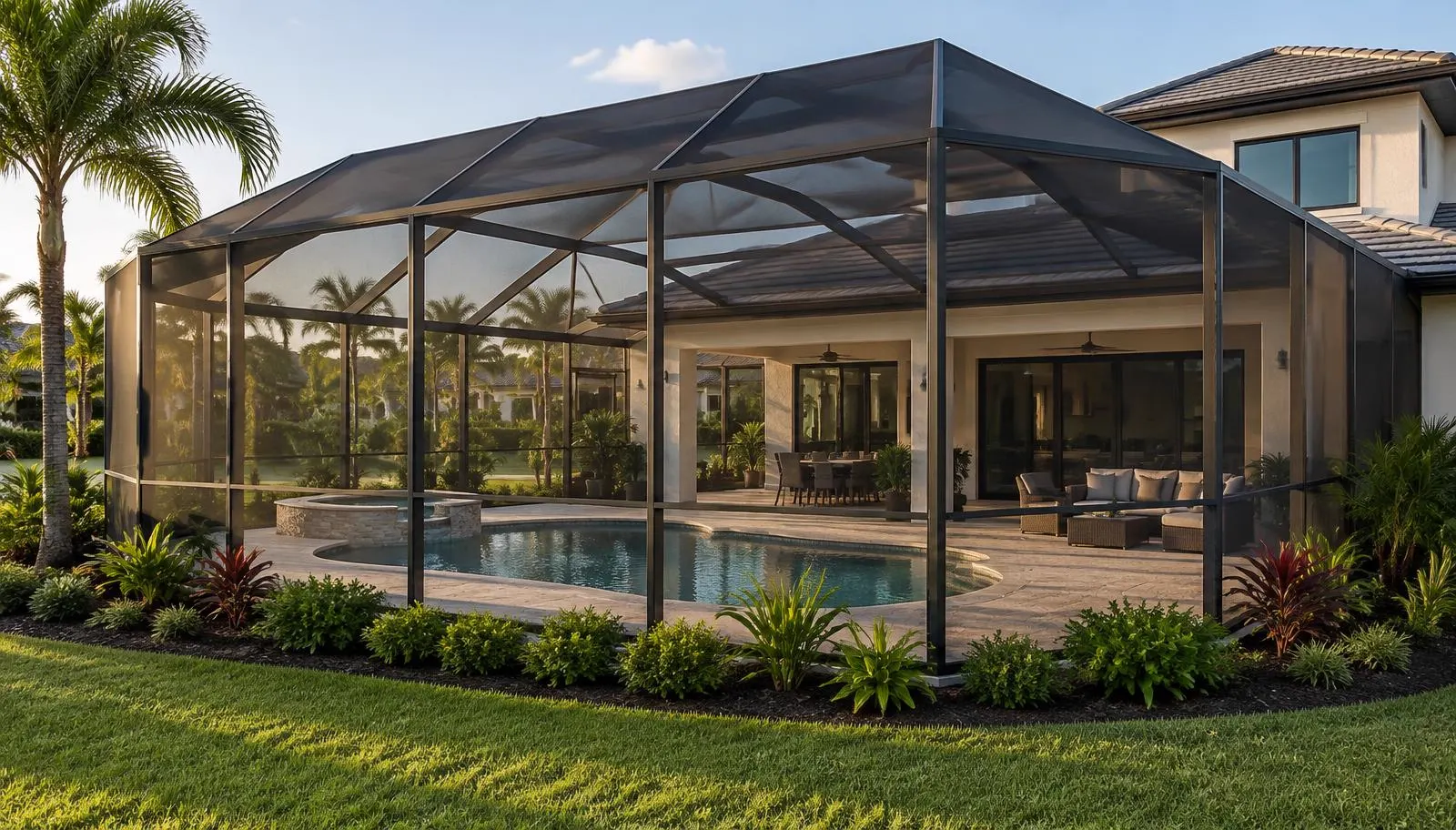 Illustrative modern bronze pool screen enclosure beside a Florida home