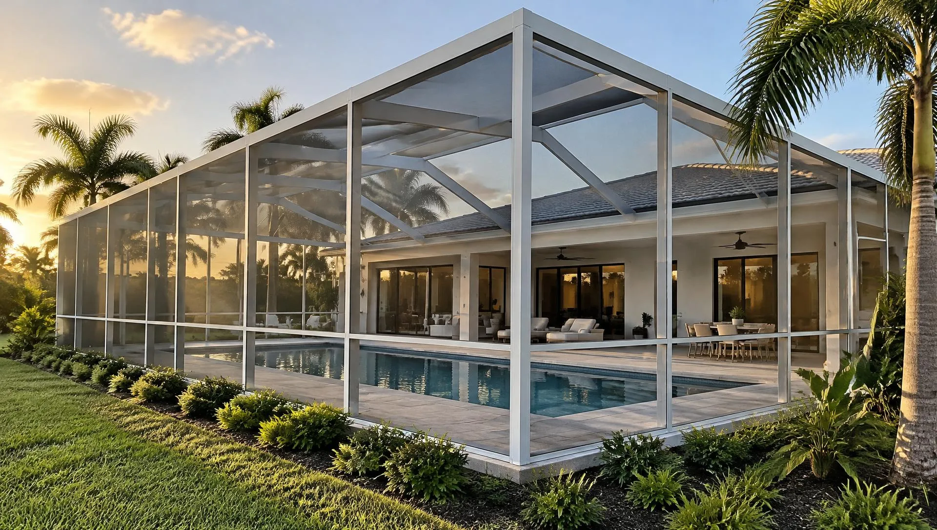 Illustrative image of a tall white aluminum pool screen enclosure over a rectangular pool at a Florida home