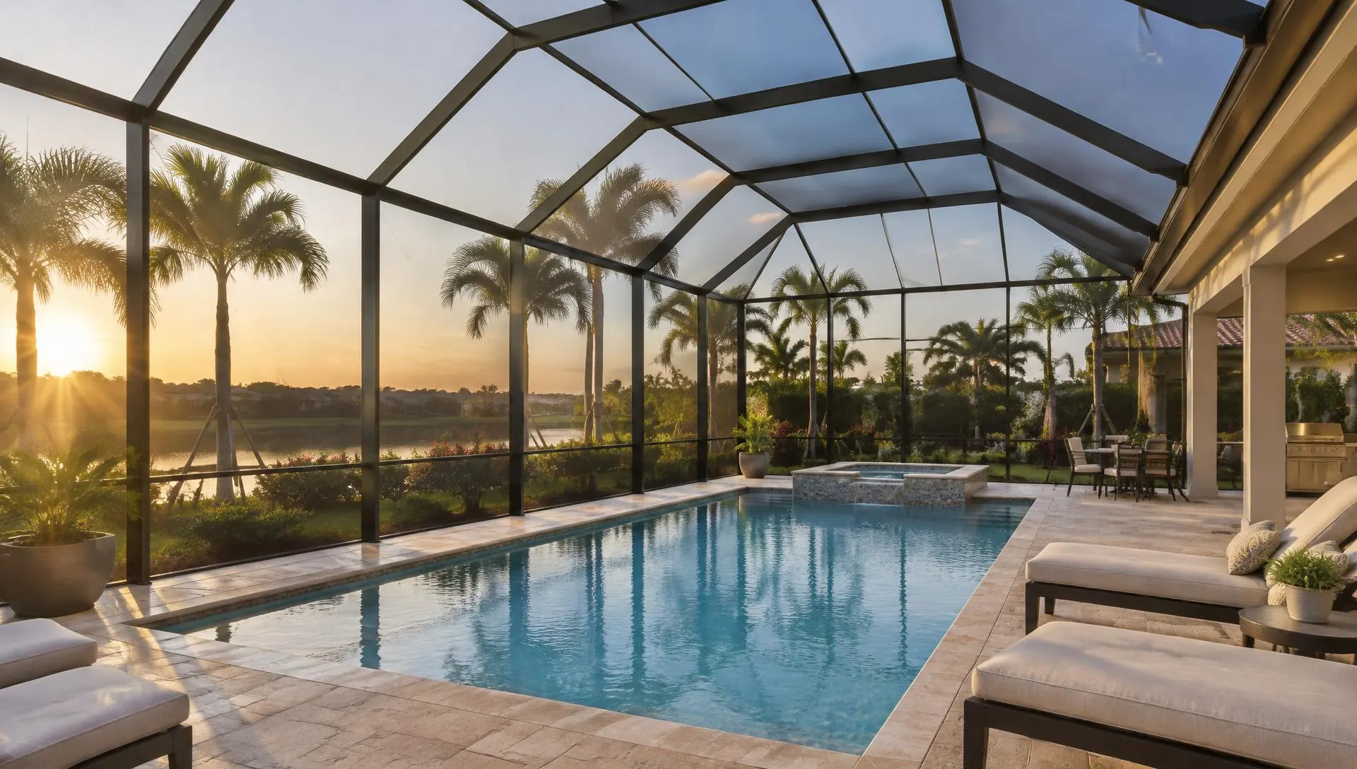 Modern pool screen enclosure at a Sarasota FL home at sunset